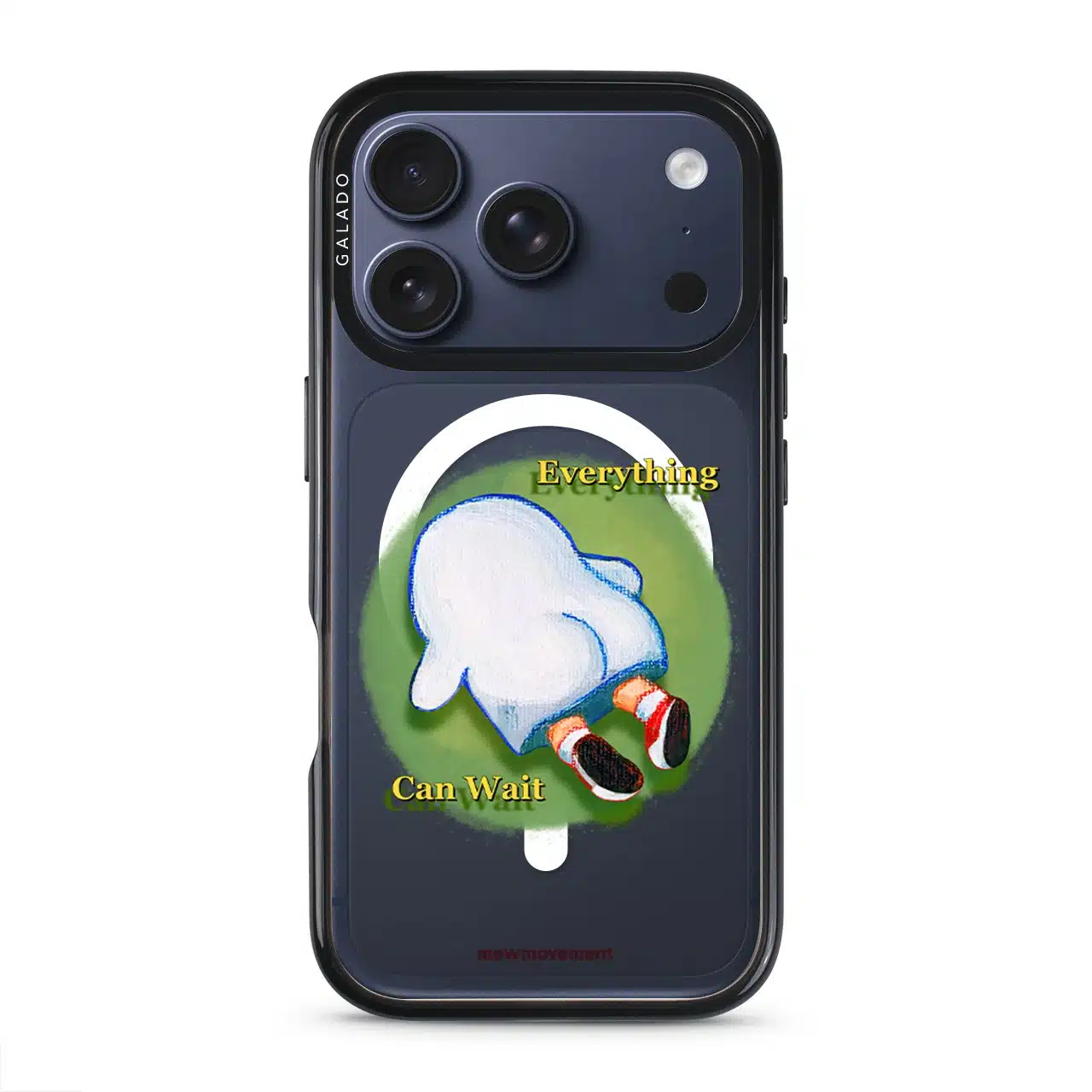 Brief Pause phone case by Mewmovement, a character lying on green grass under the words Everything Can Wait