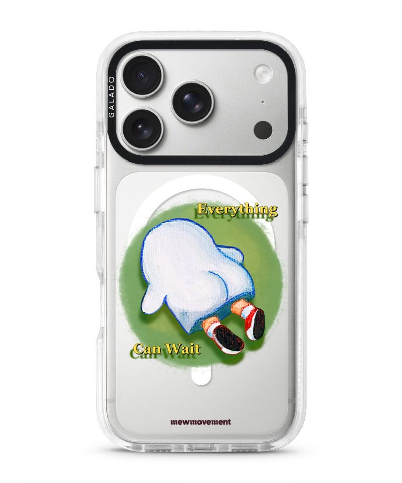 Brief Pause phone case by Mewmovement, a character lying on green grass under the words Everything Can Wait