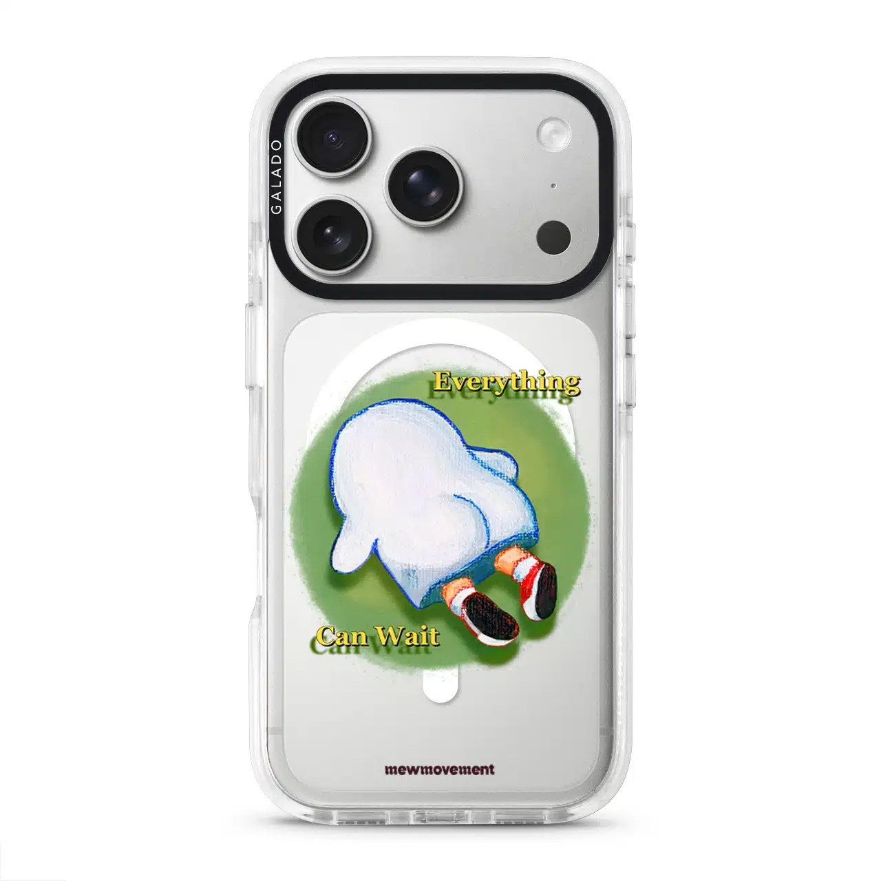 Brief Pause phone case by Mewmovement, a character lying on green grass under the words Everything Can Wait