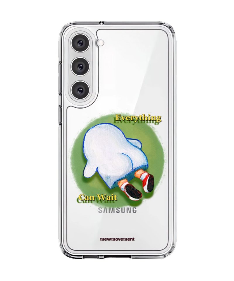 Brief Pause phone case by Mewmovement, a character lying on green grass under the words Everything Can Wait