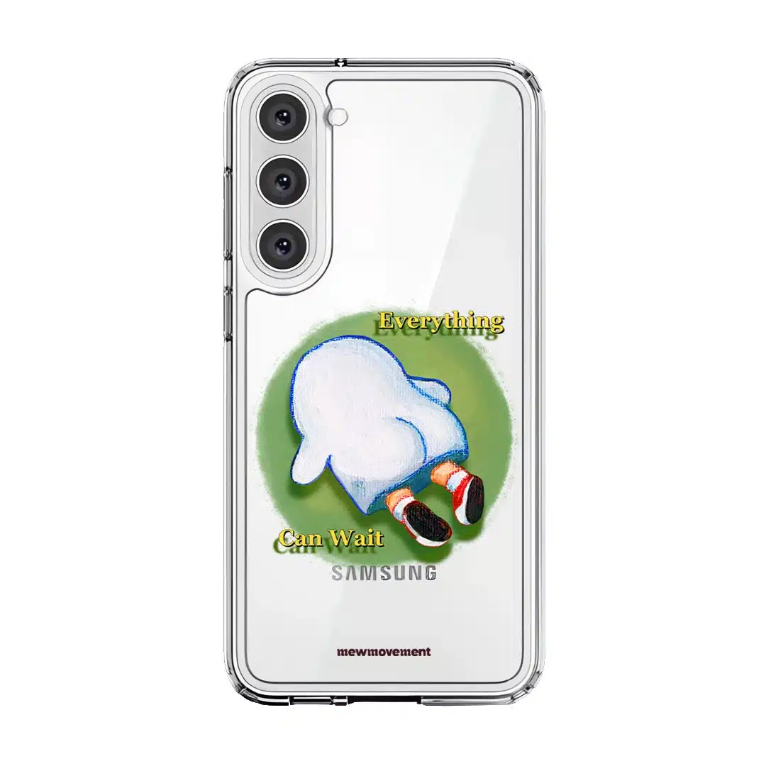 Brief Pause phone case by Mewmovement, a character lying on green grass under the words Everything Can Wait