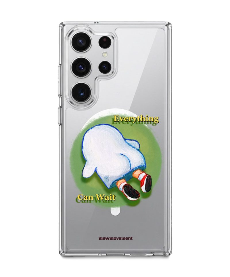Brief Pause phone case by Mewmovement, a character lying on green grass under the words Everything Can Wait