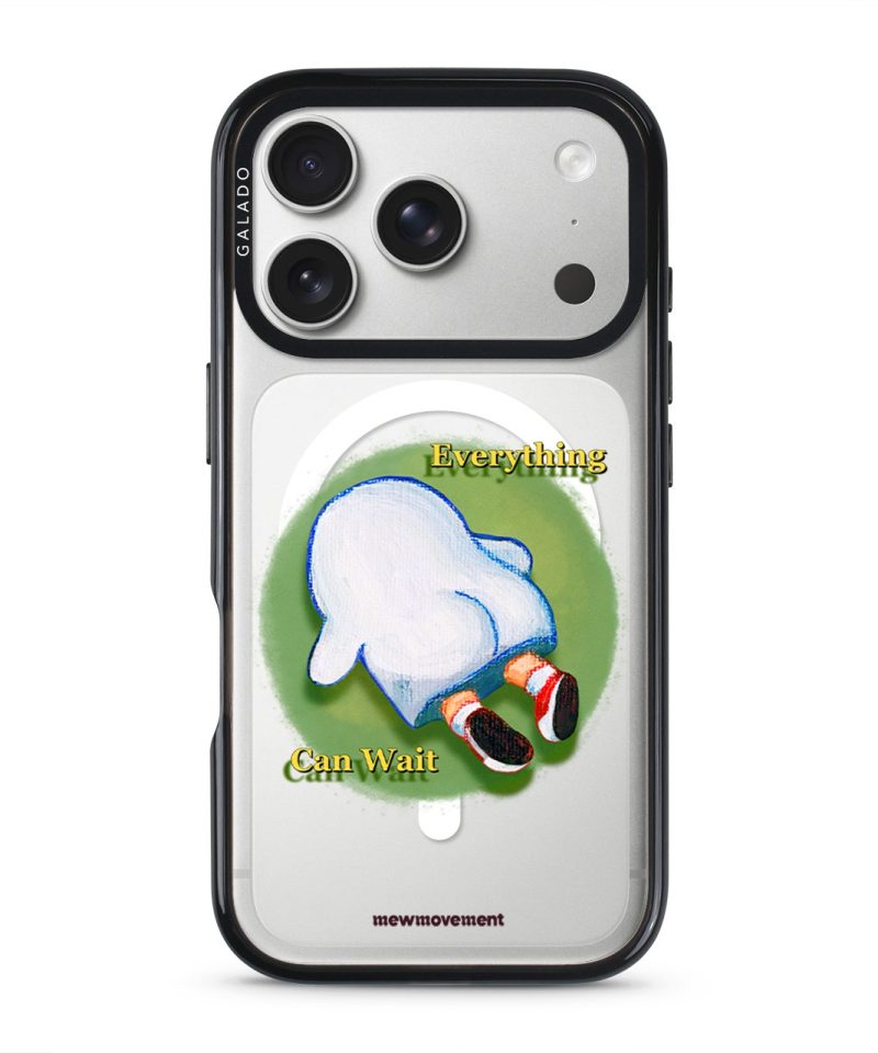 Brief Pause phone case by Mewmovement, a character lying on green grass under the words Everything Can Wait