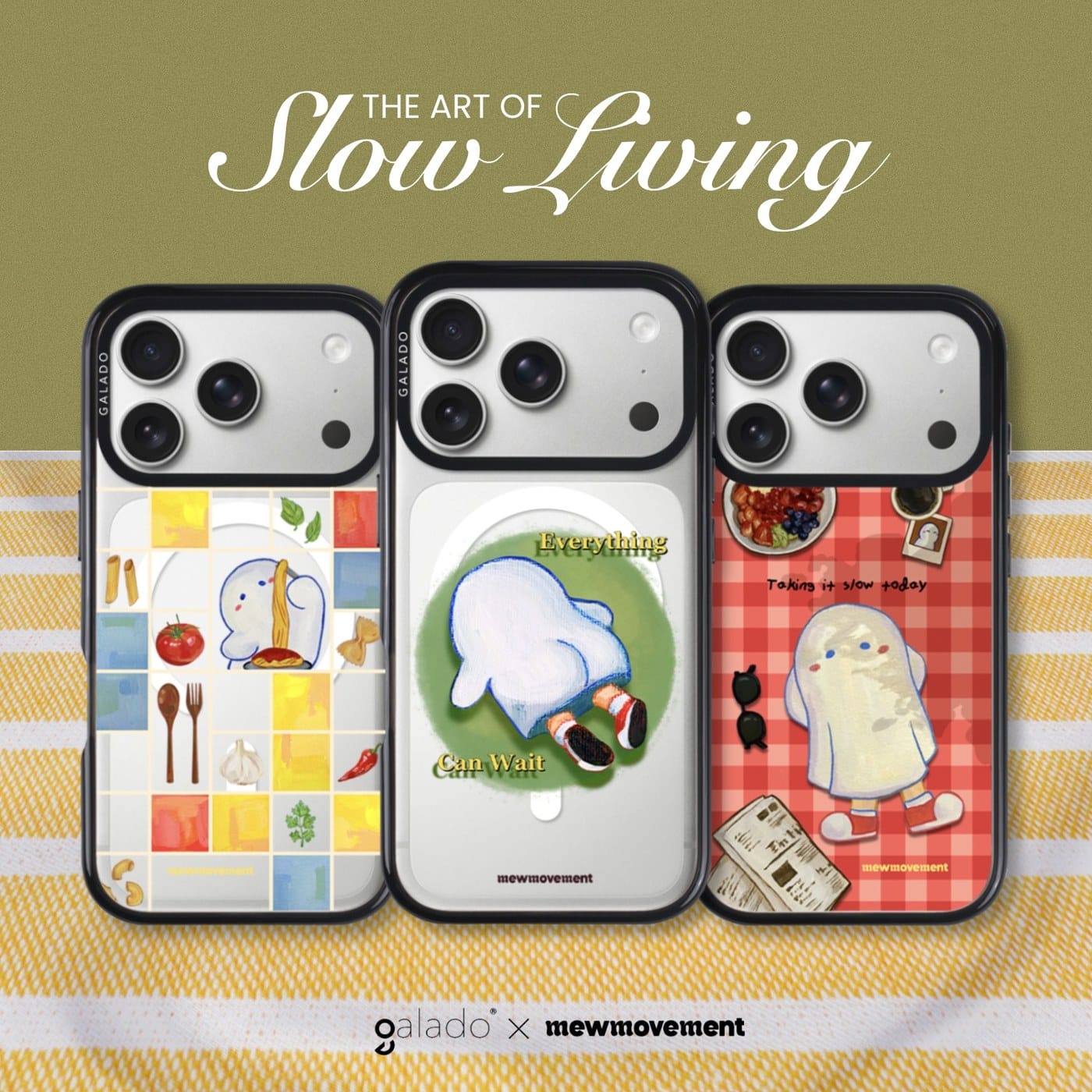 The Art of Slow Living, three Mewmovement phone cases from the GALADO collection