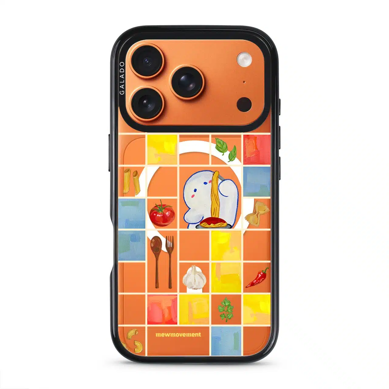 Home Cooking phone case by Mewmovement, a tiled kitchen of ingredients around a character eating noodles