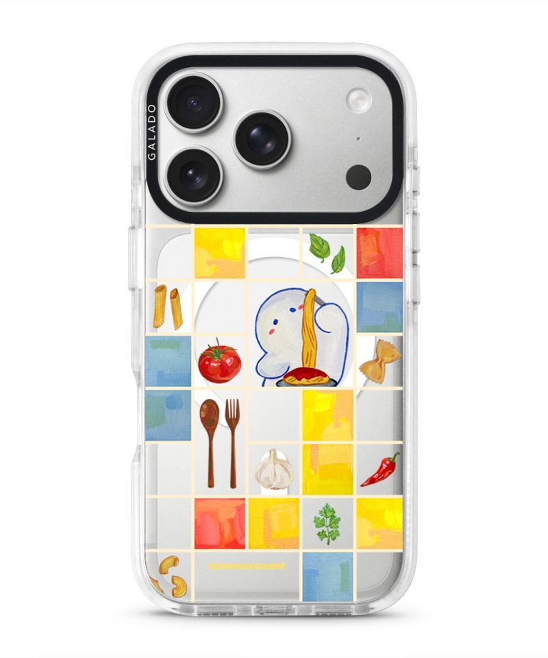 Home Cooking phone case by Mewmovement, a tiled kitchen of ingredients around a character eating noodles
