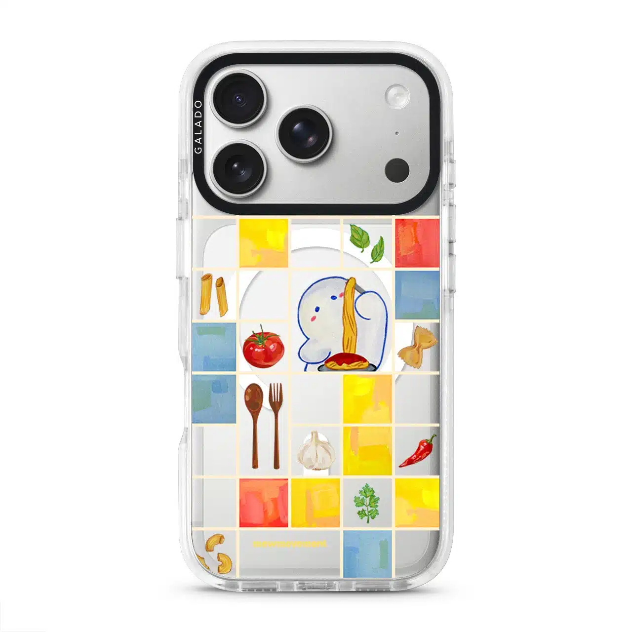 Home Cooking phone case by Mewmovement, a tiled kitchen of ingredients around a character eating noodles