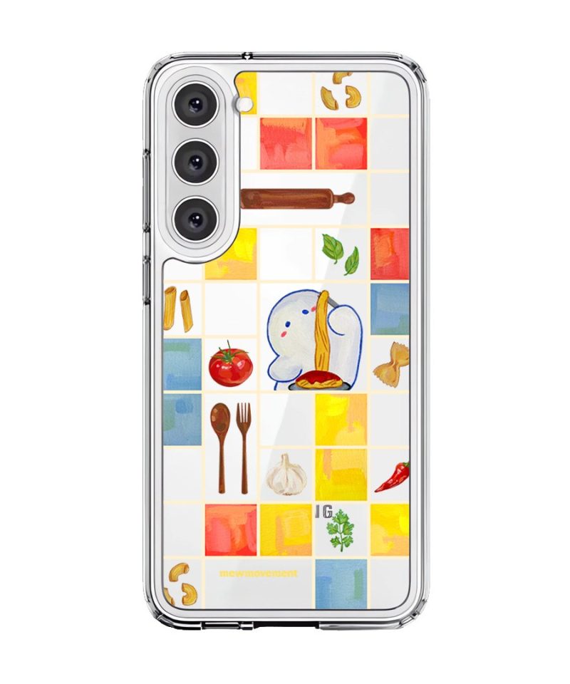 Home Cooking phone case by Mewmovement, a tiled kitchen of ingredients around a character eating noodles