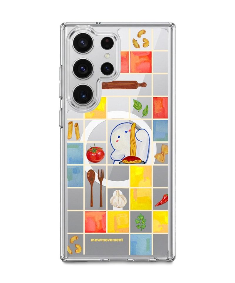 Home Cooking phone case by Mewmovement, a tiled kitchen of ingredients around a character eating noodles