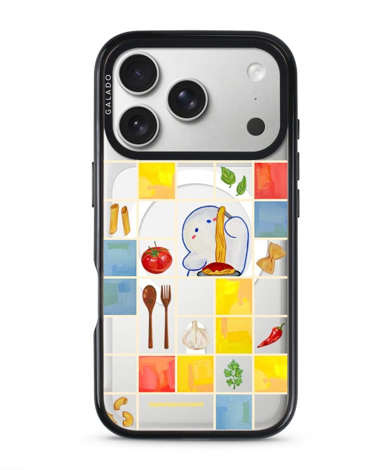 Home Cooking phone case by Mewmovement, a tiled kitchen of ingredients around a character eating noodles