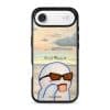 Quiet Moments phone case by Mewmovement, a character in sunglasses watching a sunset over water