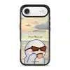 Quiet Moments phone case by Mewmovement, a character in sunglasses watching a sunset over water