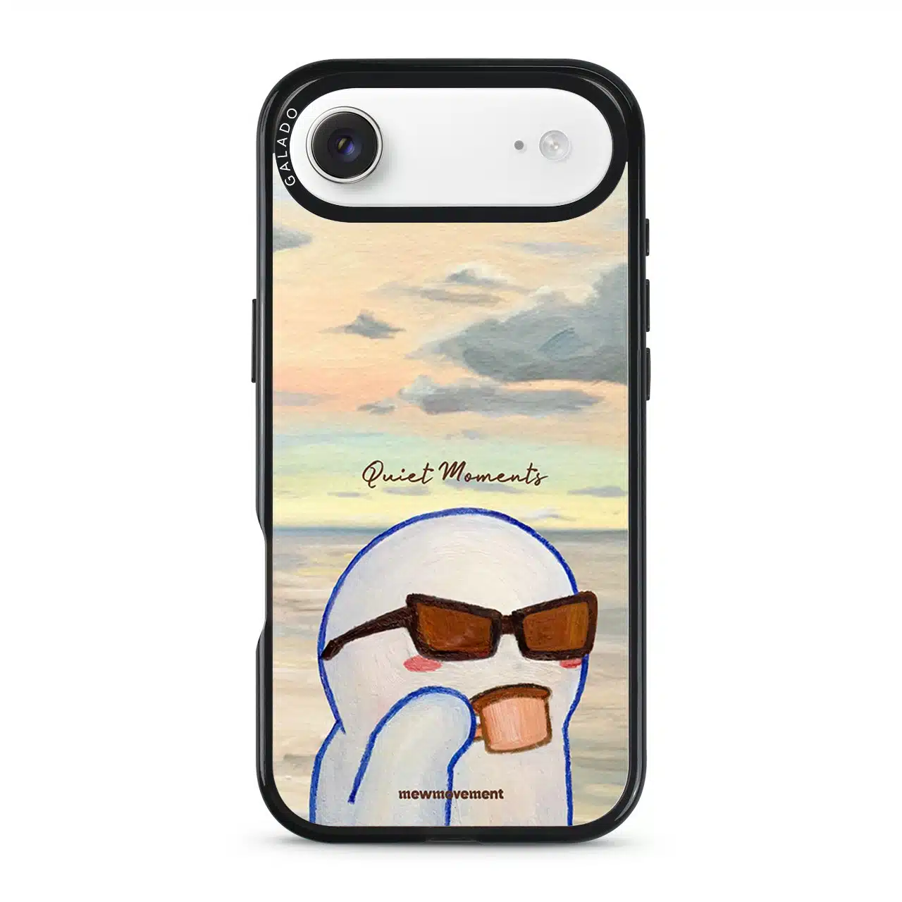 Quiet Moments phone case by Mewmovement, a character in sunglasses watching a sunset over water