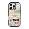 Quiet Moments phone case by Mewmovement, a character in sunglasses watching a sunset over water