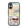 Quiet Moments phone case by Mewmovement, a character in sunglasses watching a sunset over water