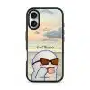 Quiet Moments phone case by Mewmovement, a character in sunglasses watching a sunset over water