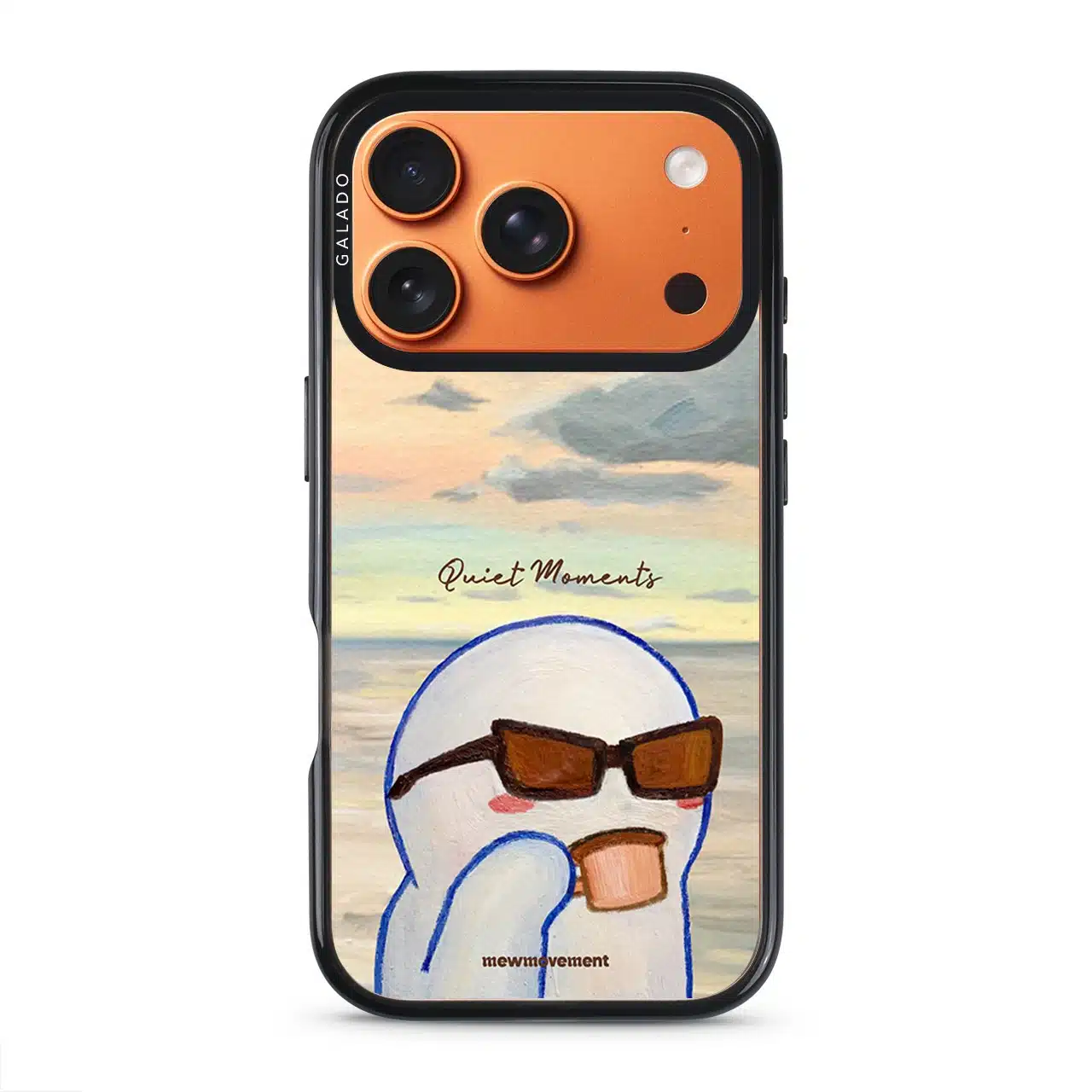 Quiet Moments phone case by Mewmovement, a character in sunglasses watching a sunset over water