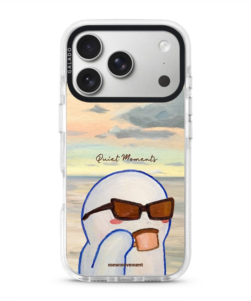 Quiet Moments phone case by Mewmovement, a character in sunglasses watching a sunset over water