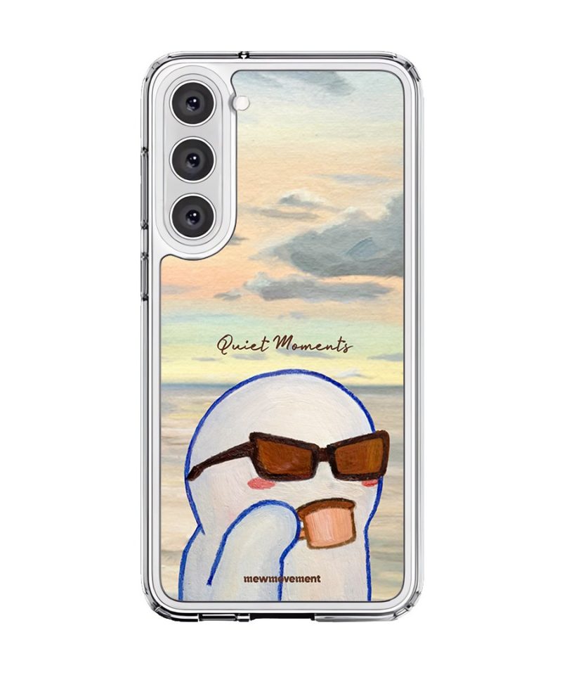 Quiet Moments phone case by Mewmovement, a character in sunglasses watching a sunset over water