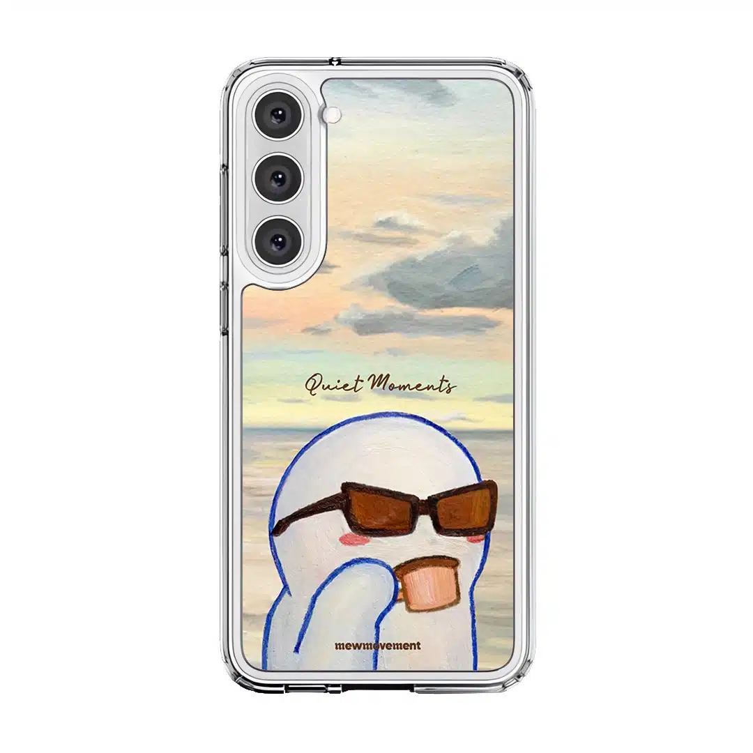 Quiet Moments phone case by Mewmovement, a character in sunglasses watching a sunset over water