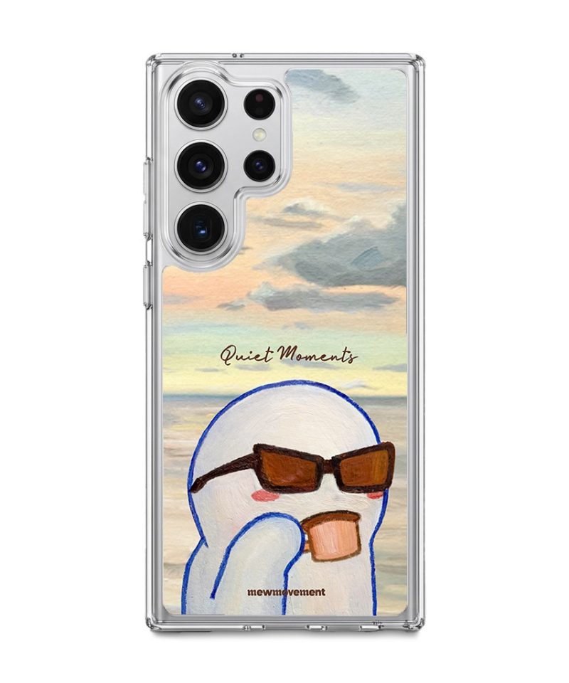 Quiet Moments phone case by Mewmovement, a character in sunglasses watching a sunset over water