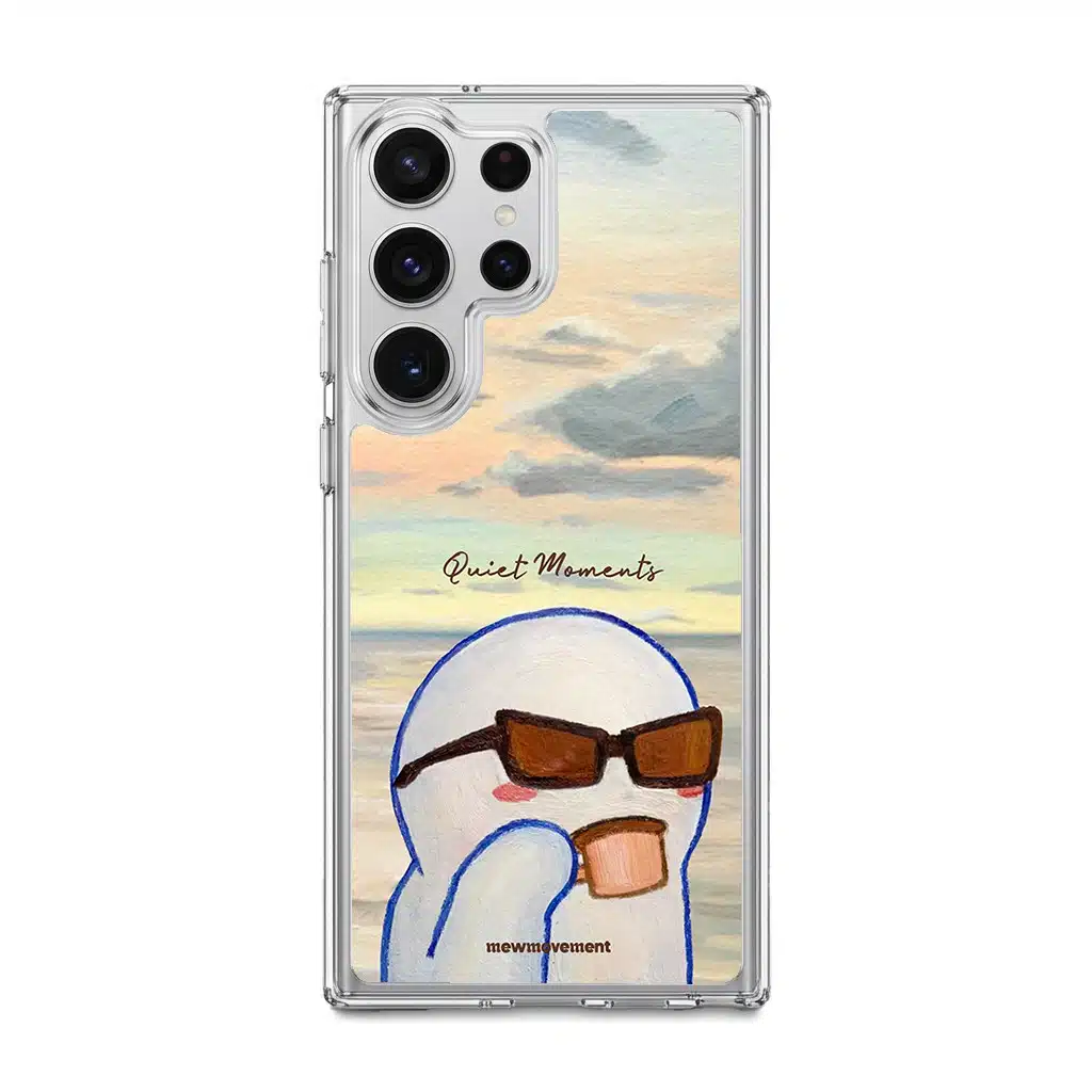 Quiet Moments phone case by Mewmovement, a character in sunglasses watching a sunset over water