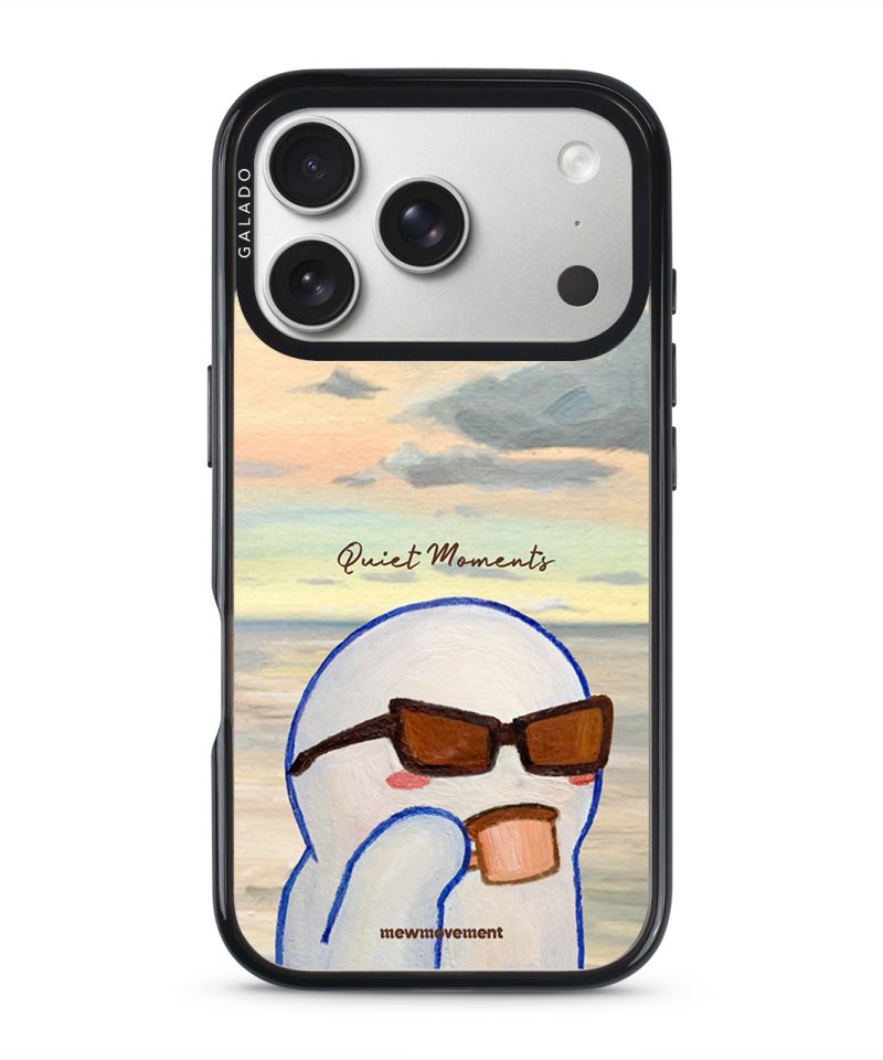 Quiet Moments phone case by Mewmovement, a character in sunglasses watching a sunset over water