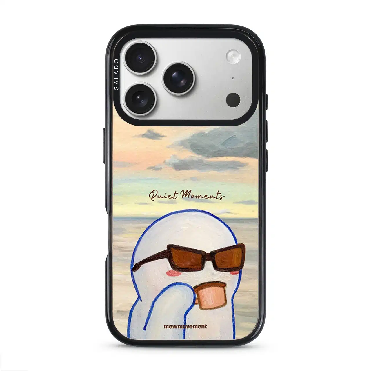 Quiet Moments phone case by Mewmovement, a character in sunglasses watching a sunset over water