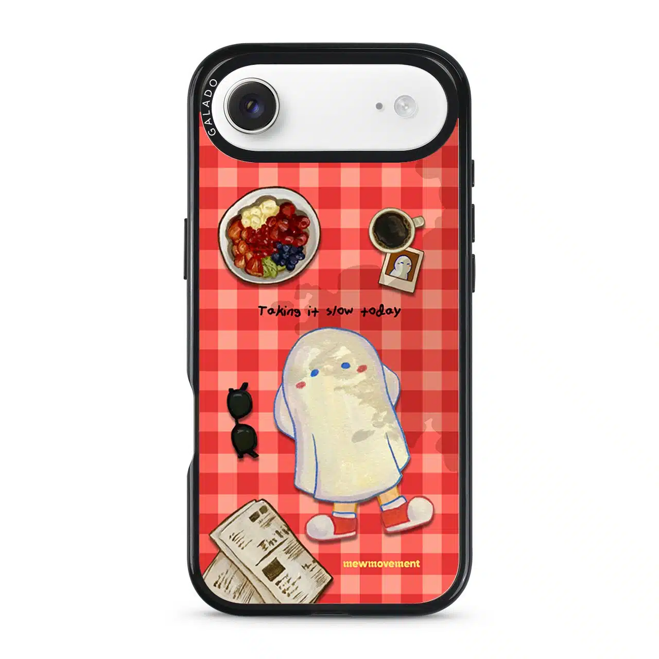 Slow Day phone case by Mewmovement, a character on a red gingham picnic cloth with fruit and a newspaper