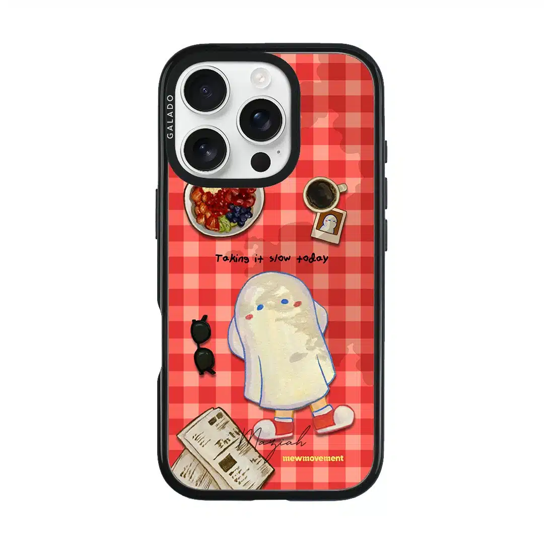 Slow Day phone case by Mewmovement, a character on a red gingham picnic cloth with fruit and a newspaper