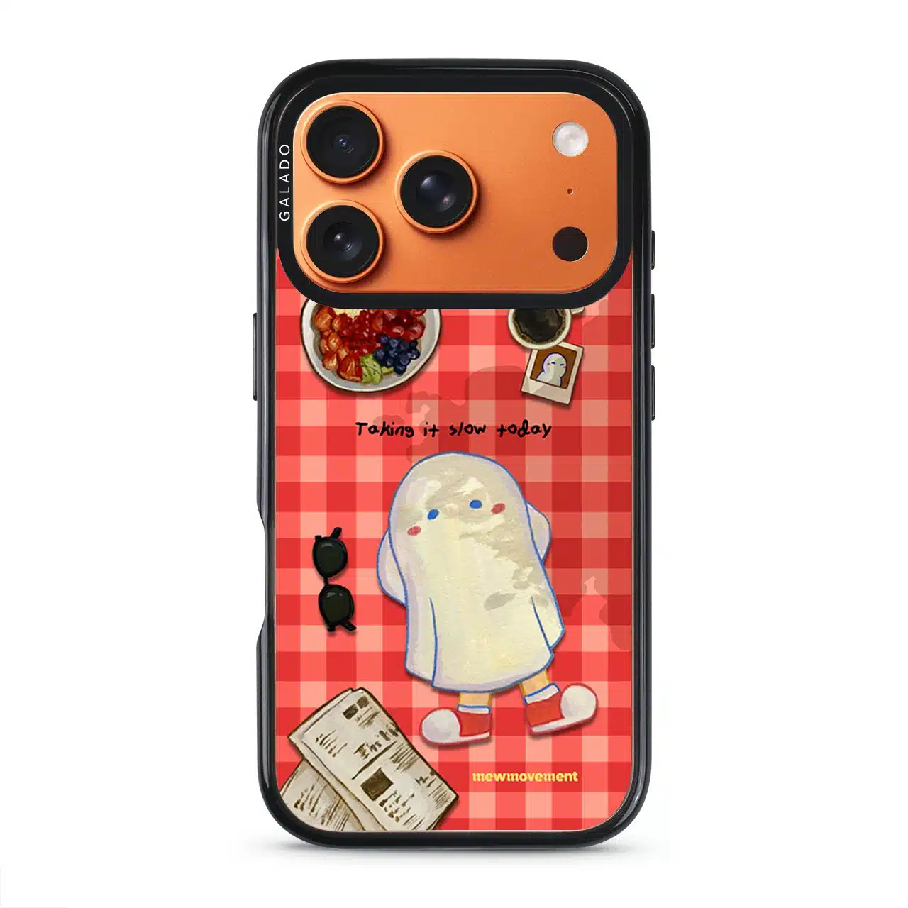 Slow Day phone case by Mewmovement, a character on a red gingham picnic cloth with fruit and a newspaper