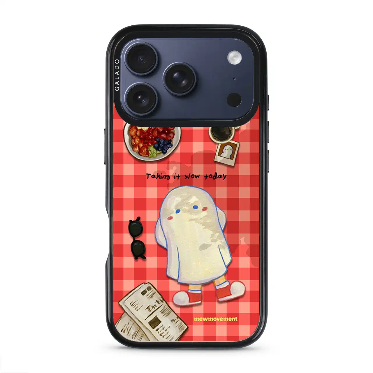 Slow Day phone case by Mewmovement, a character on a red gingham picnic cloth with fruit and a newspaper