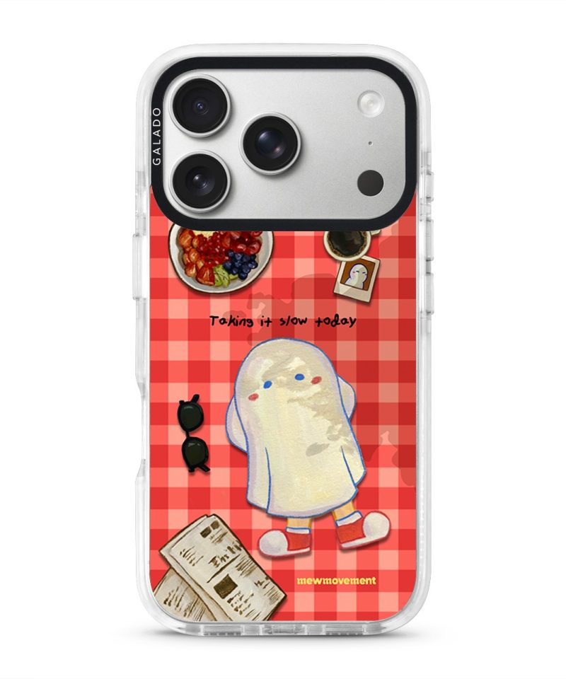 Slow Day phone case by Mewmovement, a character on a red gingham picnic cloth with fruit and a newspaper