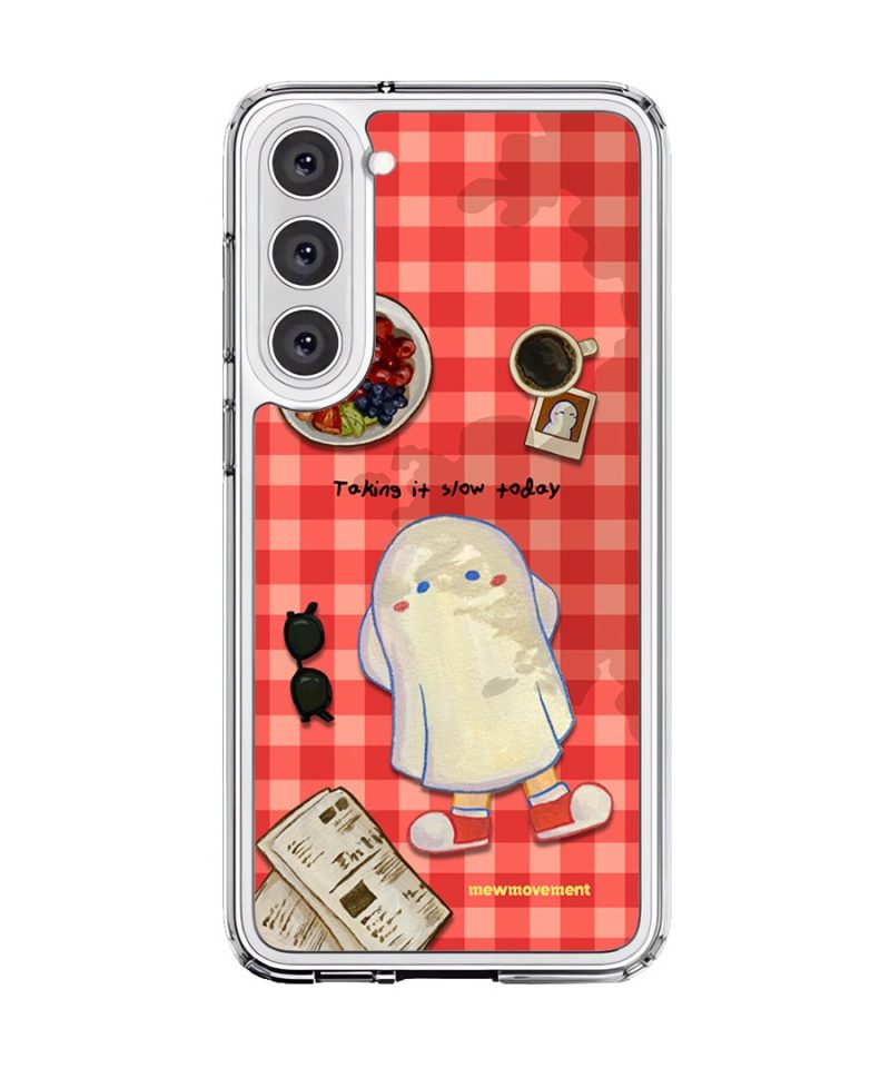Slow Day phone case by Mewmovement, a character on a red gingham picnic cloth with fruit and a newspaper
