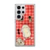 Slow Day phone case by Mewmovement, a character on a red gingham picnic cloth with fruit and a newspaper