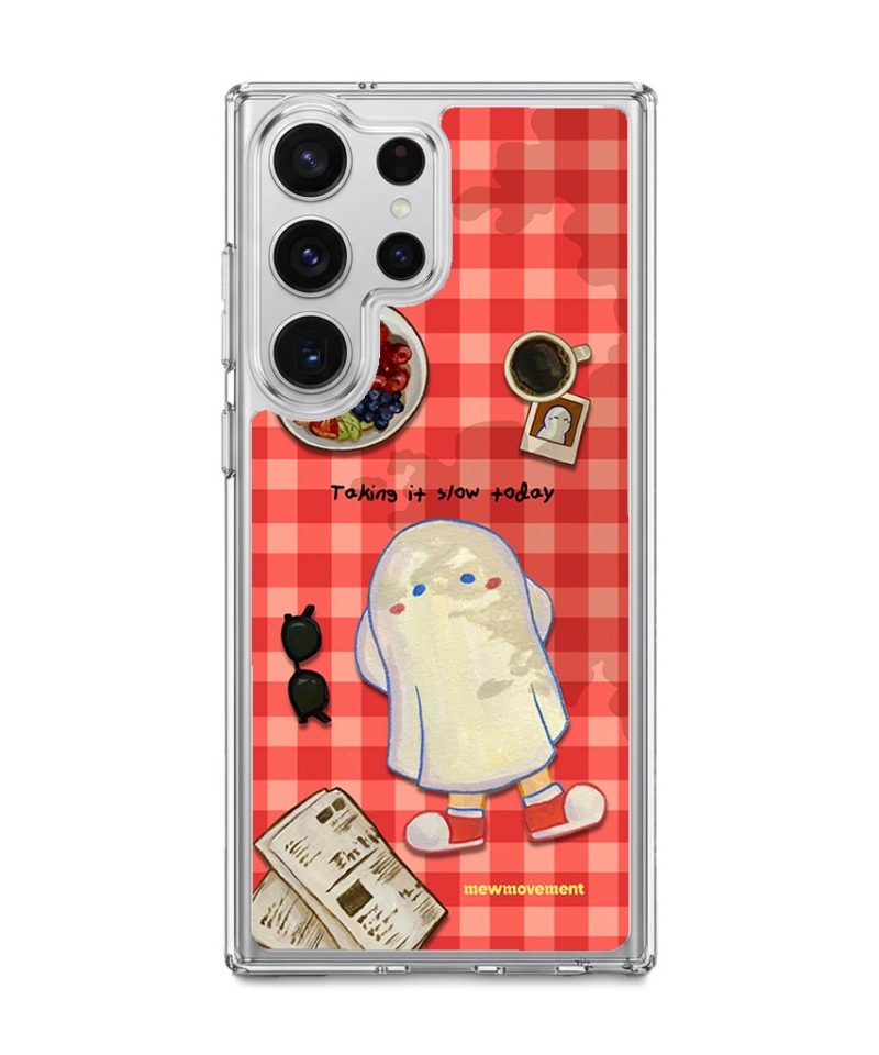 Slow Day phone case by Mewmovement, a character on a red gingham picnic cloth with fruit and a newspaper