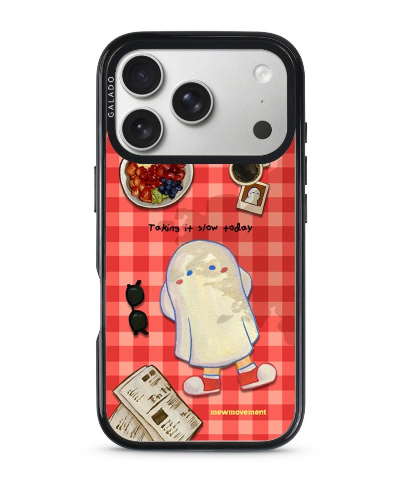 Slow Day phone case by Mewmovement, a character on a red gingham picnic cloth with fruit and a newspaper