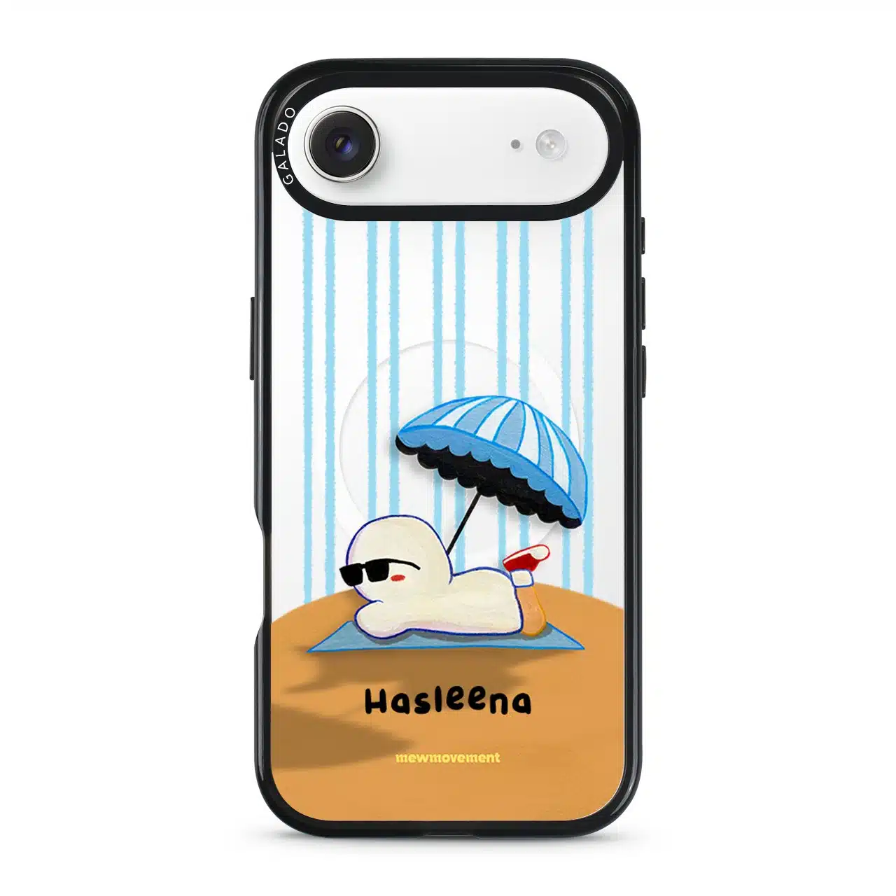 Sun Bathing custom name phone case by Mewmovement, a character sunbathing under a striped umbrella