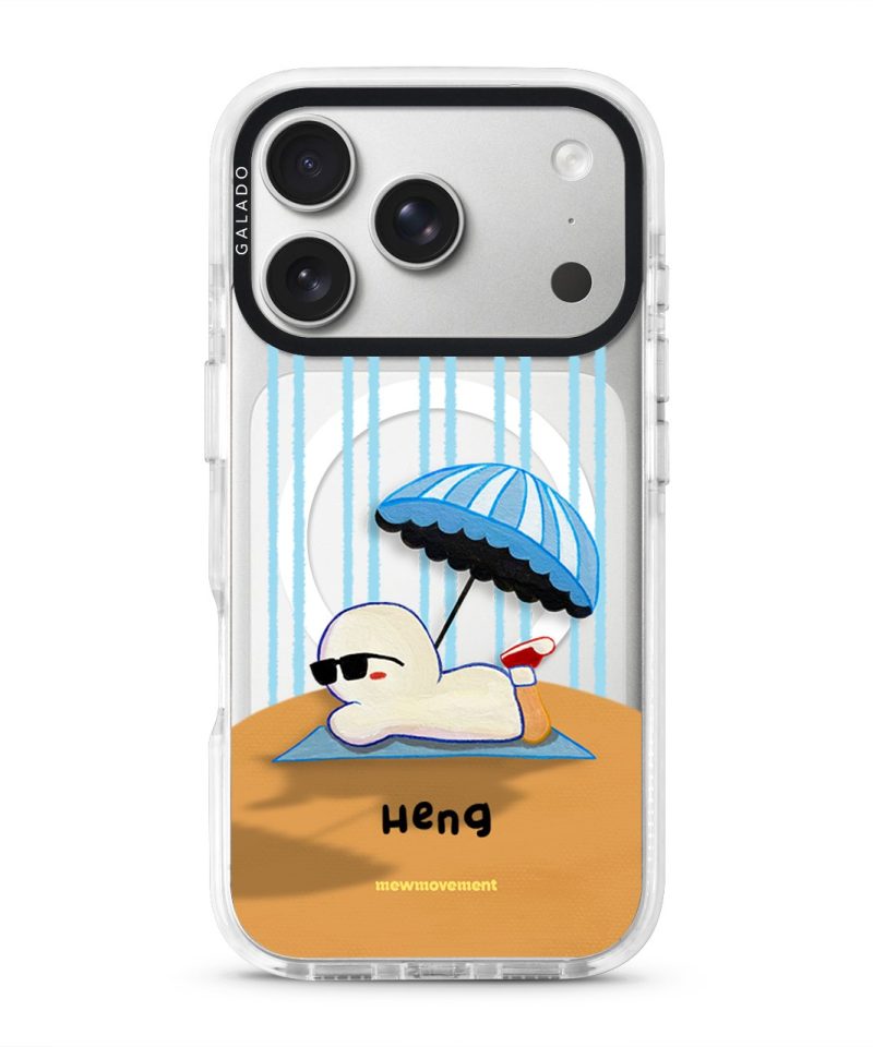 Sun Bathing custom name phone case by Mewmovement, a character sunbathing under a striped umbrella