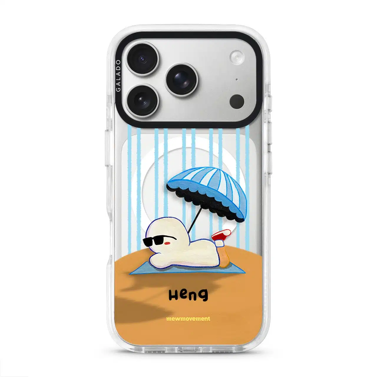 Sun Bathing custom name phone case by Mewmovement, a character sunbathing under a striped umbrella