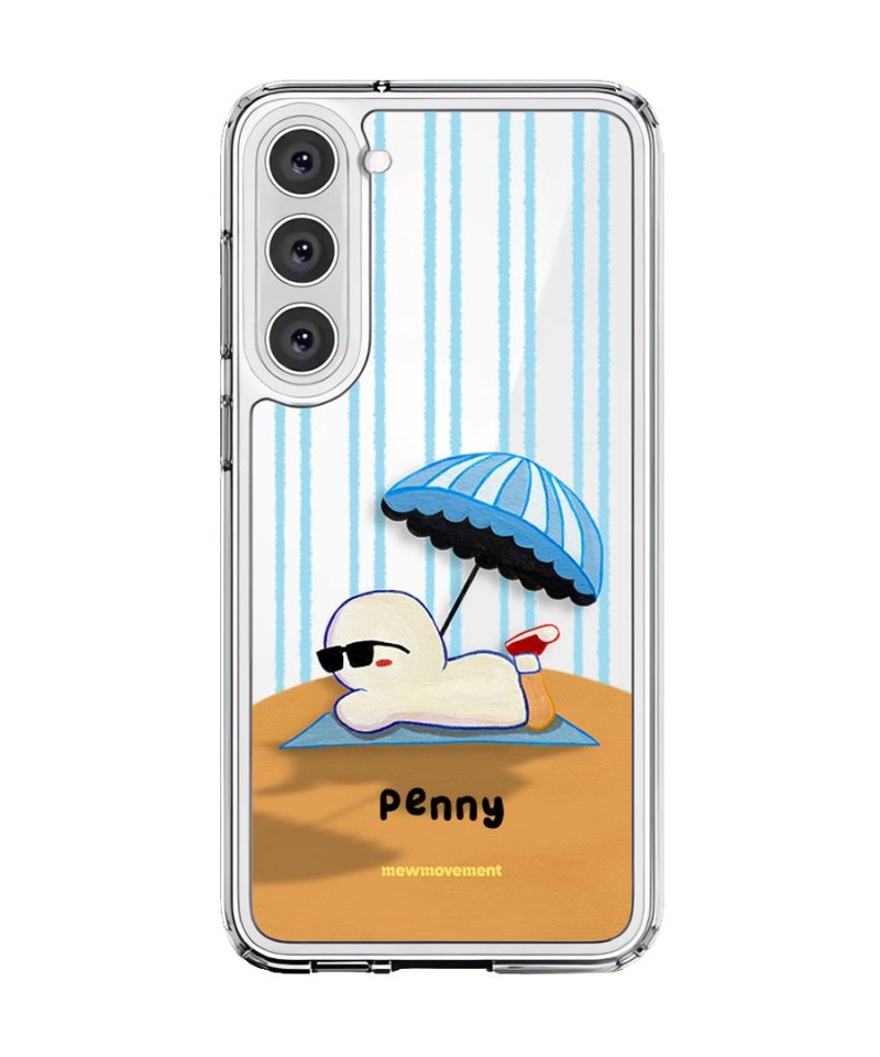 Sun Bathing custom name phone case by Mewmovement, a character sunbathing under a striped umbrella