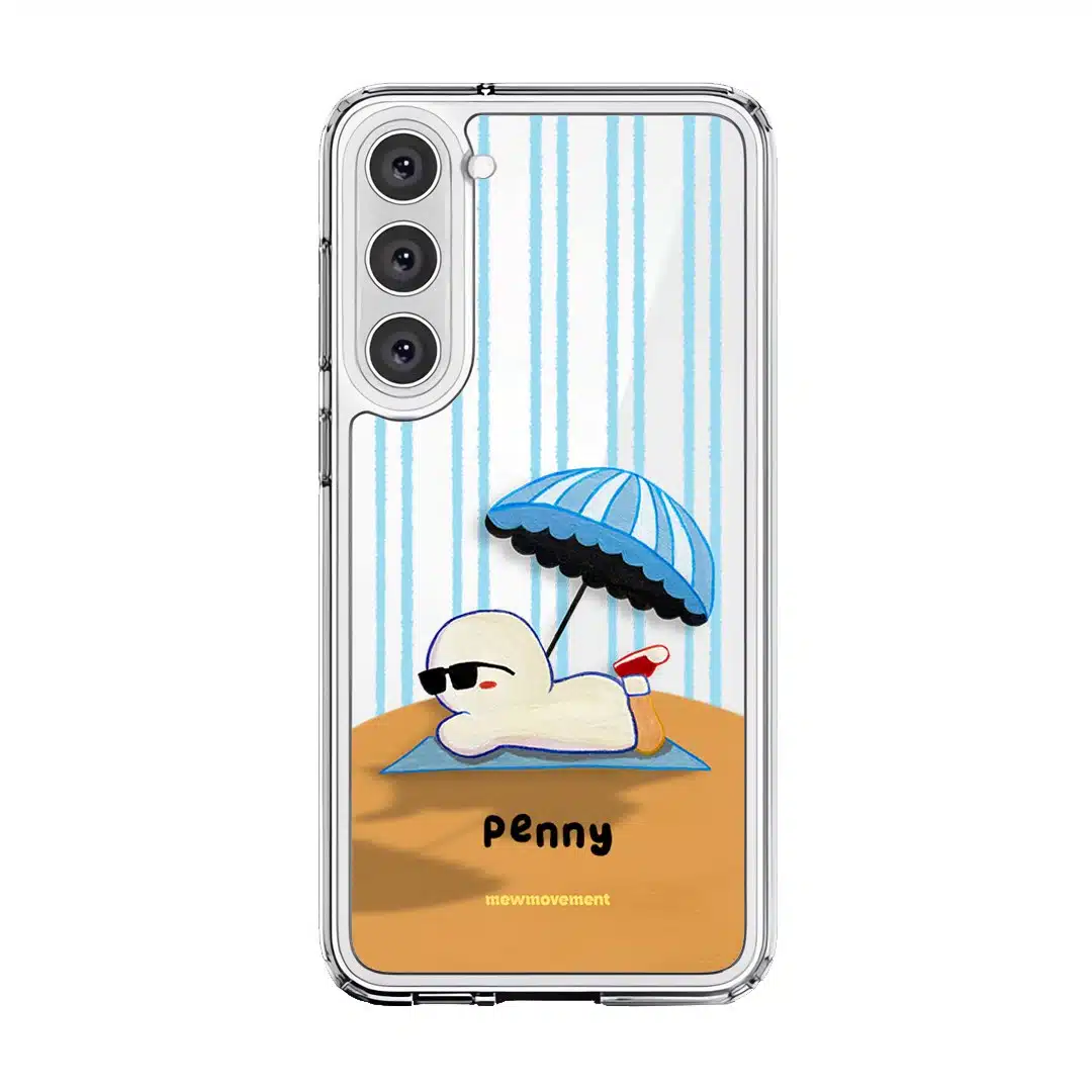 Sun Bathing custom name phone case by Mewmovement, a character sunbathing under a striped umbrella