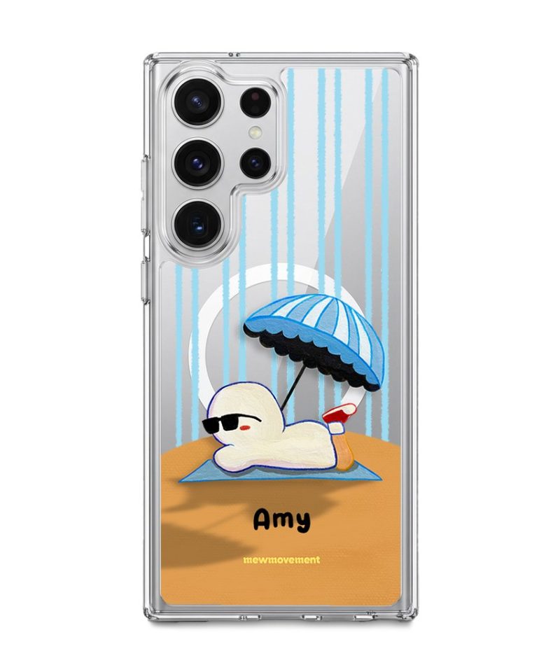 Sun Bathing custom name phone case by Mewmovement, a character sunbathing under a striped umbrella
