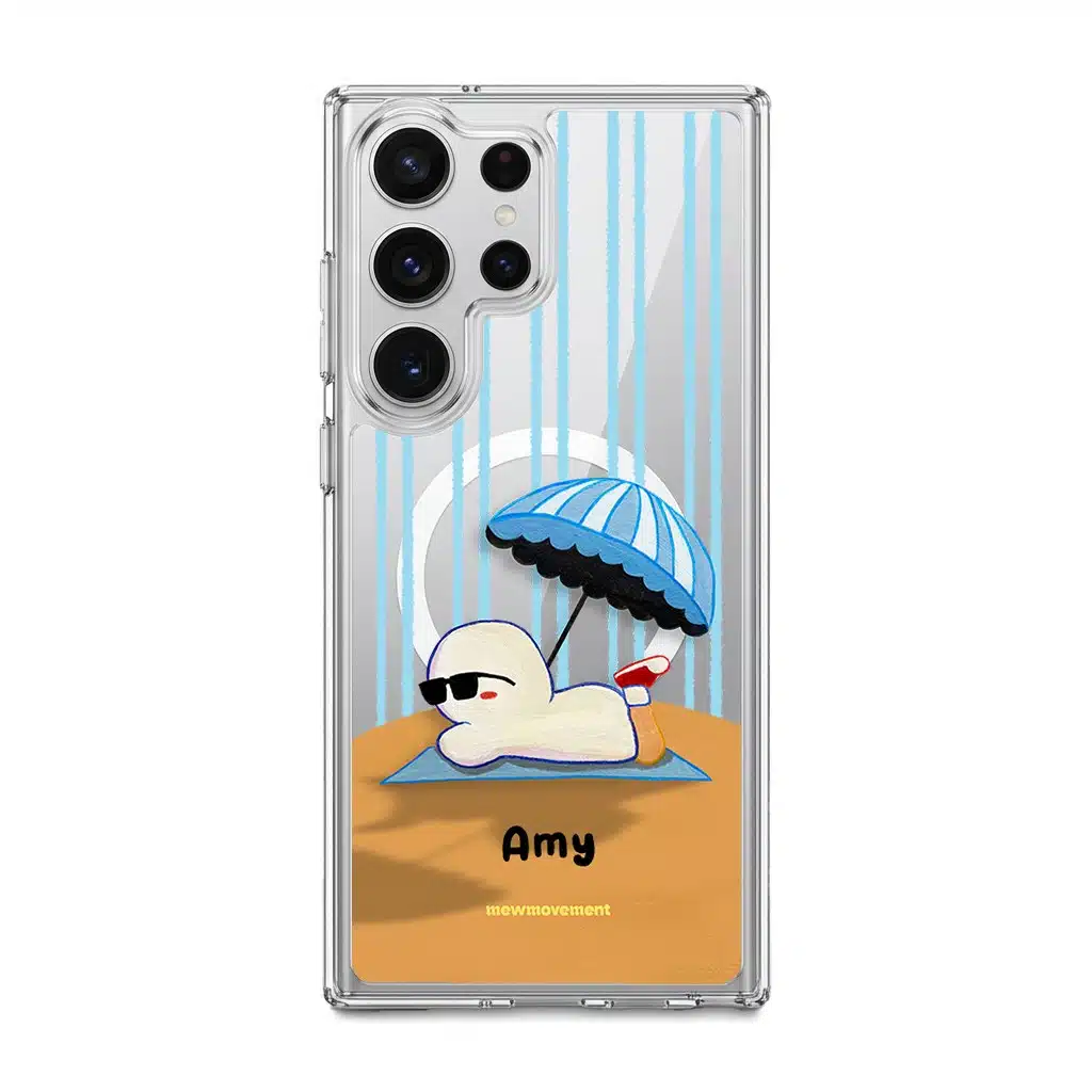 Sun Bathing custom name phone case by Mewmovement, a character sunbathing under a striped umbrella