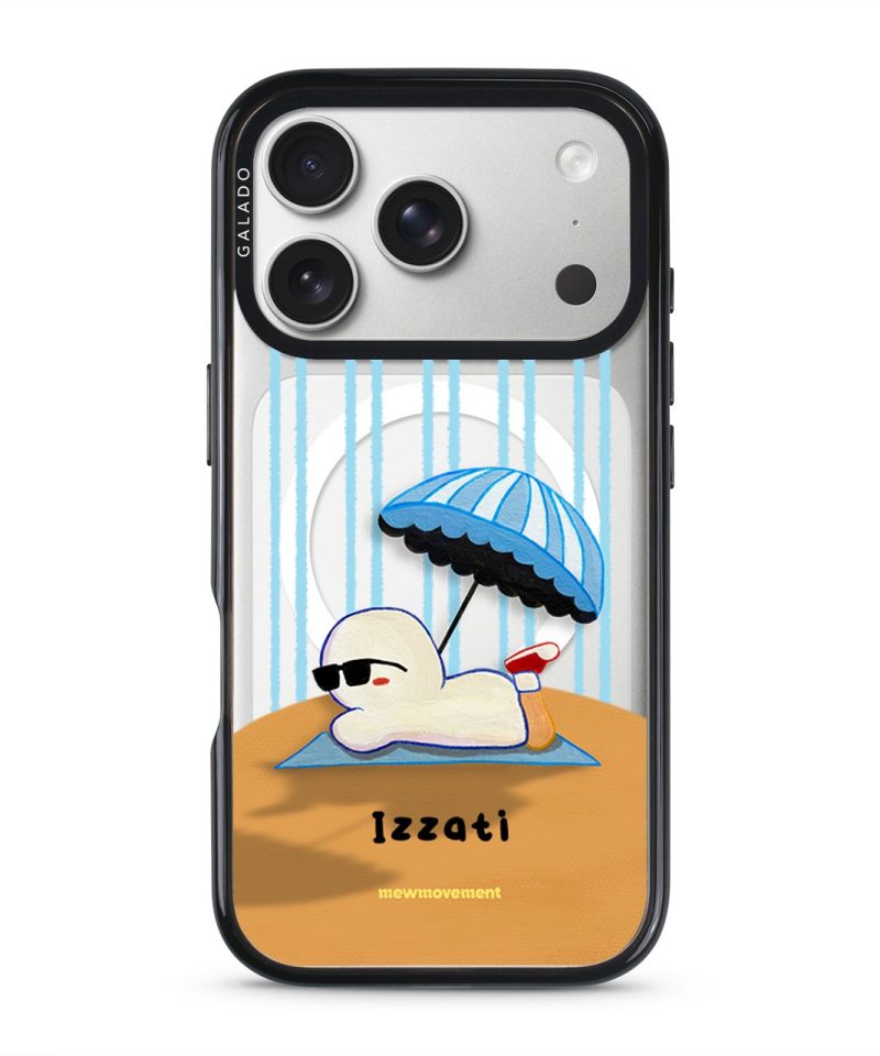 Sun Bathing custom name phone case by Mewmovement, a character sunbathing under a striped umbrella