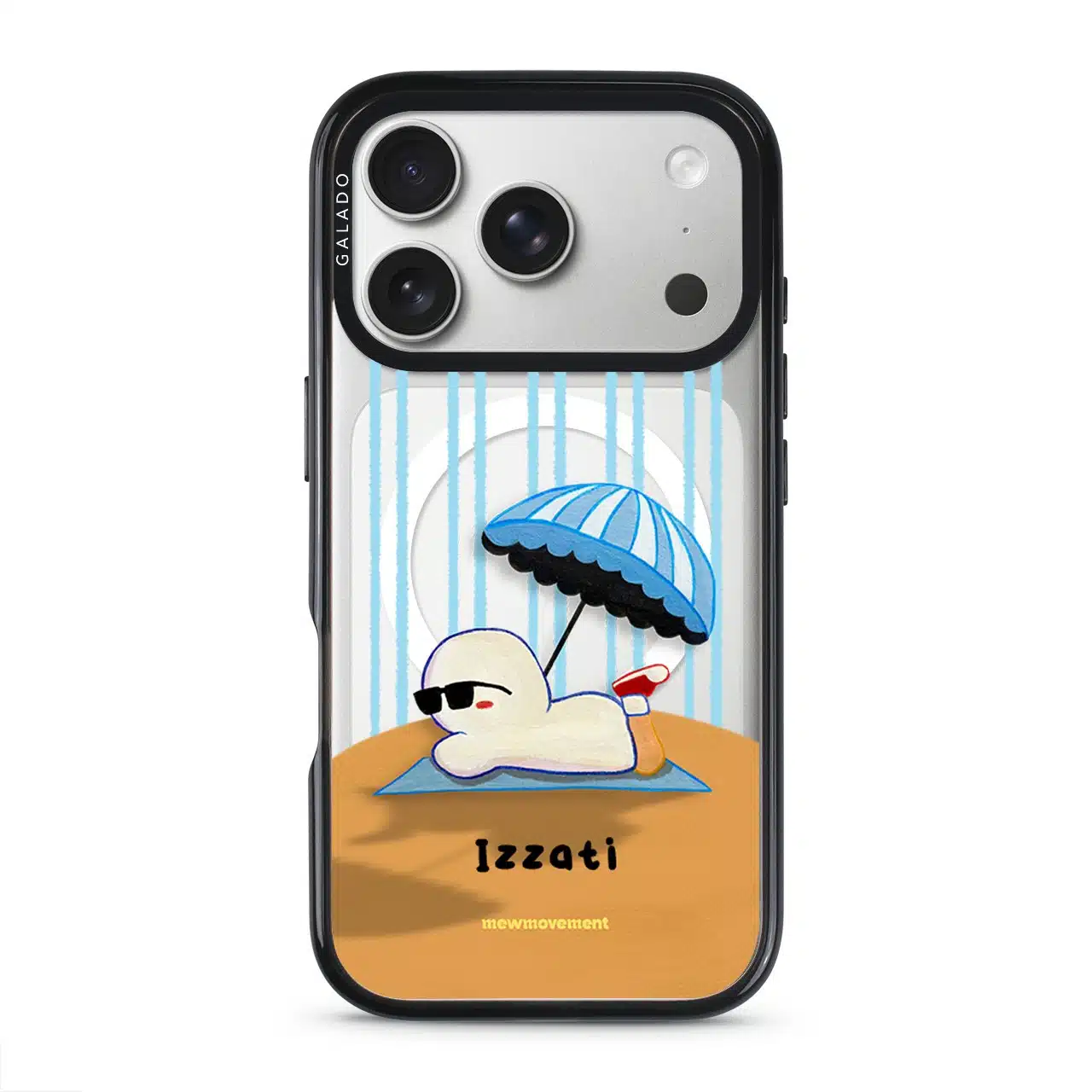 Sun Bathing custom name phone case by Mewmovement, a character sunbathing under a striped umbrella