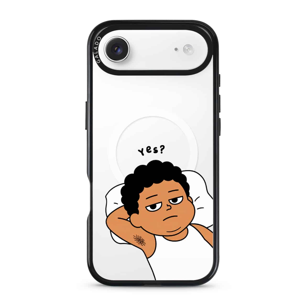 Apa Lagi Lah phone case, Uncle Boi lying in bed with his arm behind his head saying Yes?