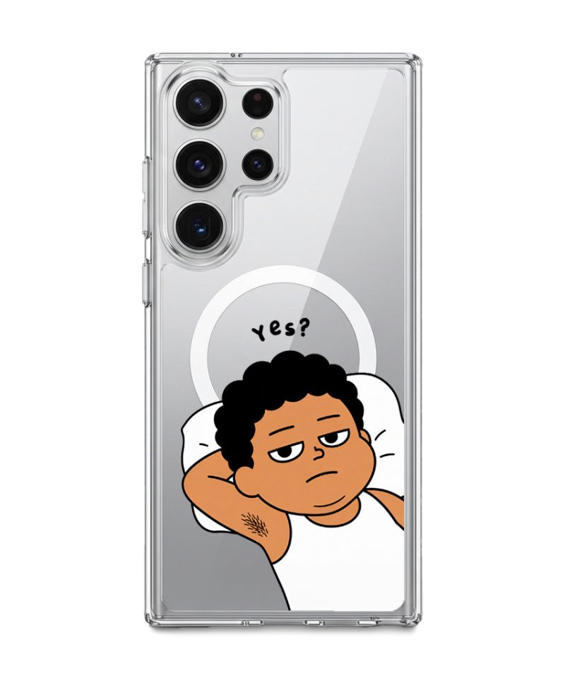 Apa Lagi Lah phone case, Uncle Boi lying in bed with his arm behind his head saying Yes?