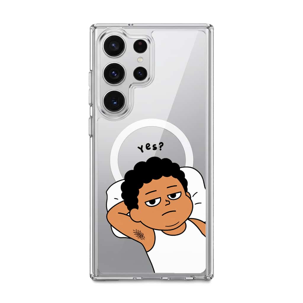 Apa Lagi Lah phone case, Uncle Boi lying in bed with his arm behind his head saying Yes?