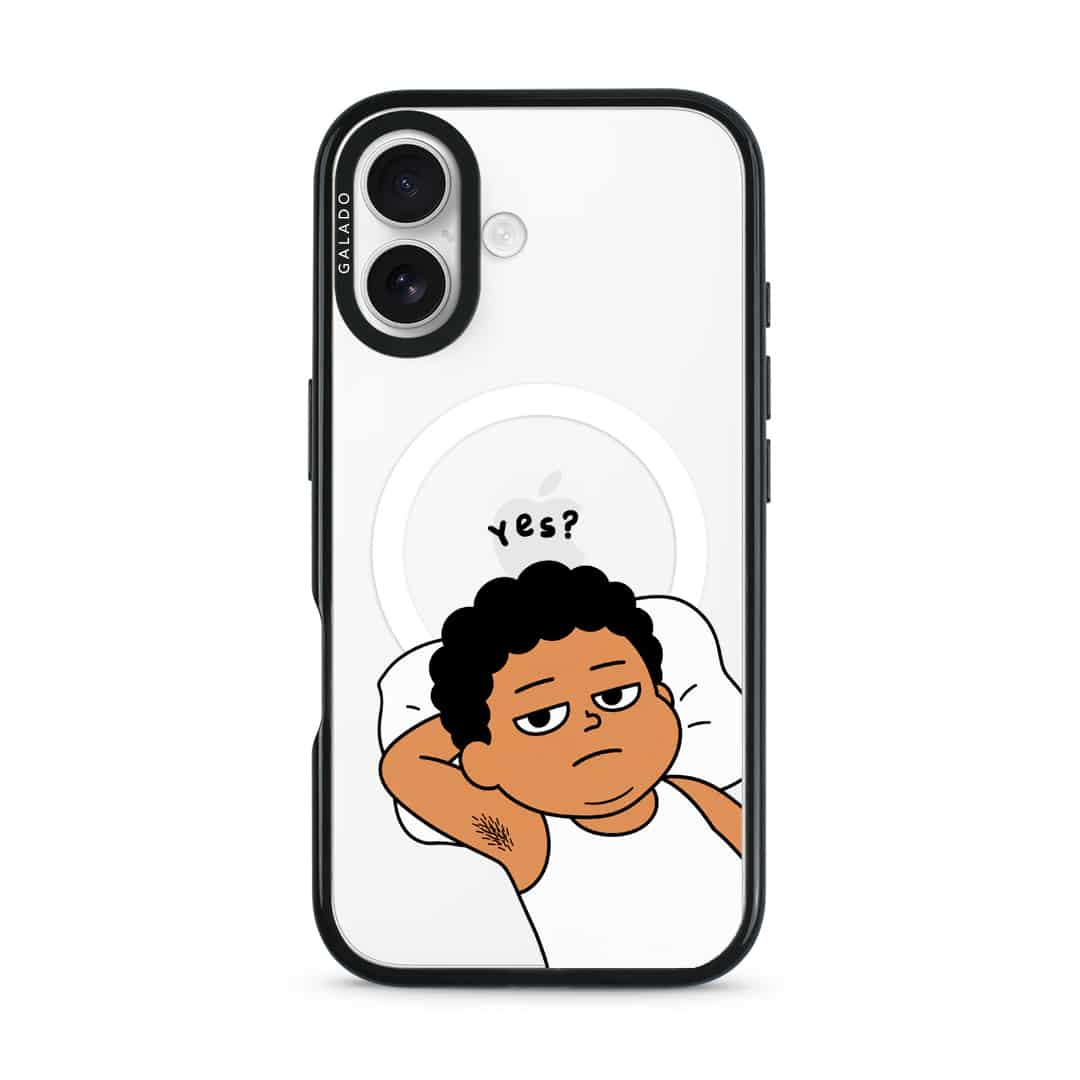 Apa Lagi Lah phone case, Uncle Boi lying in bed with his arm behind his head saying Yes?